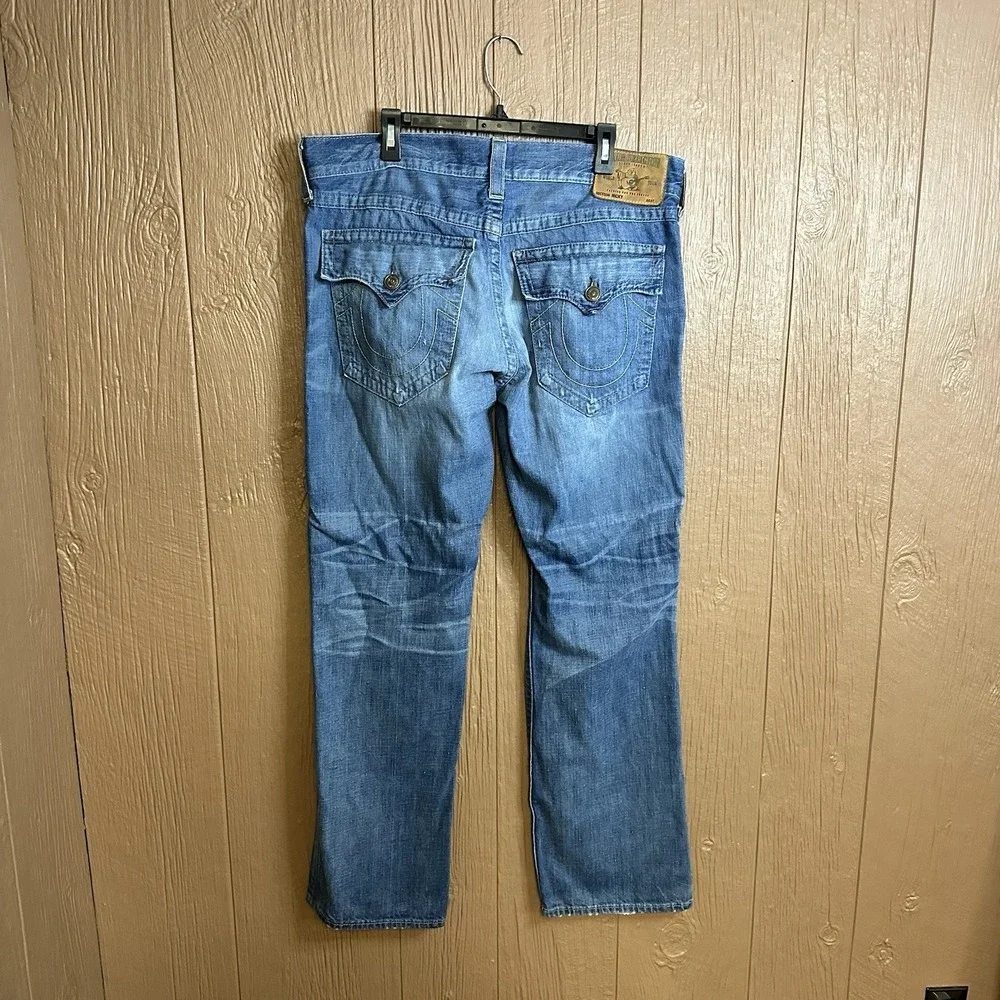 True Religion Jeans Men 38x34 Blue Denim Pants Flap Thrashed Distressed Straight